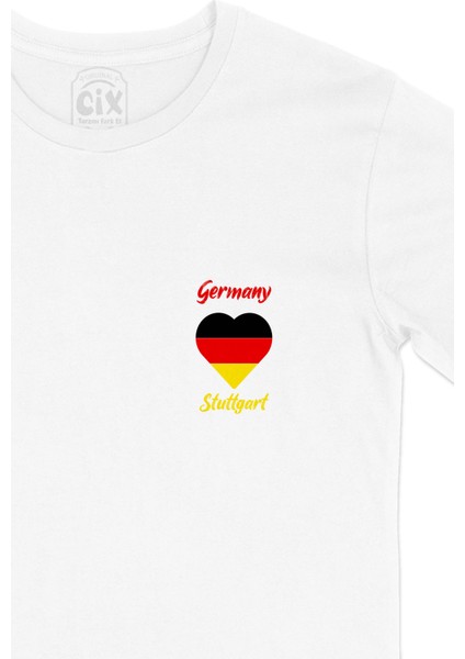 Stuttgart Almanya Bayraklı Kalpli Cep Logo Tasarımlı Beyaz Tişört fiyatları