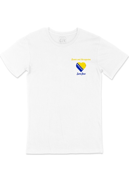 Saraybosna Bosna Hersek Bayraklı Kalpli Cep Logo Tasarımlı Beyaz Tişört