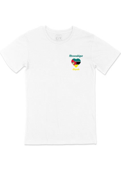 Maputo Mozambik Bayraklı Kalpli Cep Logo Tasarımlı Beyaz Tişört