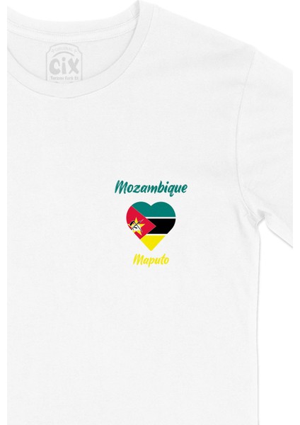 Maputo Mozambik Bayraklı Kalpli Cep Logo Tasarımlı Beyaz Tişört fiyatları