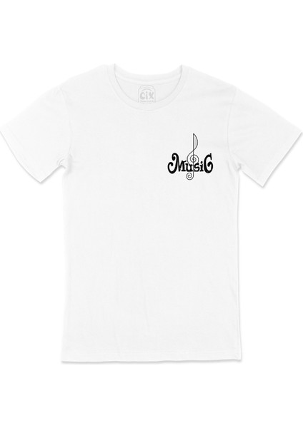 Müzik Nota Cep Logo Tasarımlı Beyaz Tişört