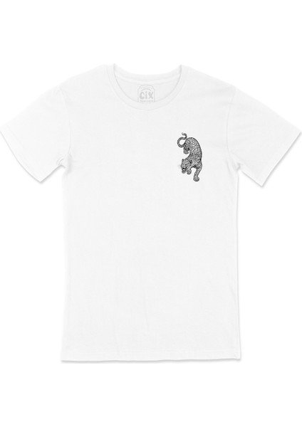 Leoparlı Cep Logo Tasarımlı Beyaz Tişört