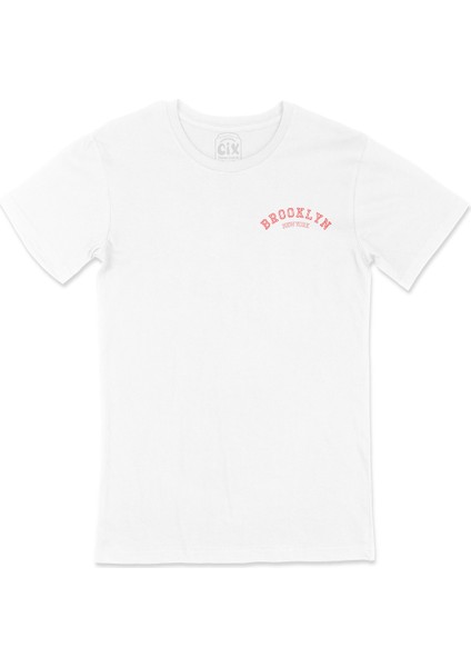 Brooklyn New York Cep Logo Tasarımlı Beyaz Tişört