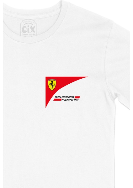 F1 Scuderia Ferrari Cep Logo Tasarımlı Beyaz Tişört fiyatları