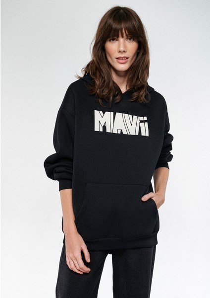 Logo Baskılı Siyah Kapüşonlu Sweatshirt