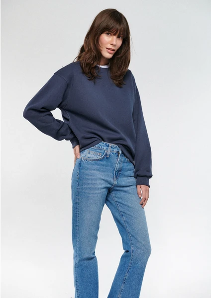 Kadın Bisiklet Yaka Lacivert Basic Sweatshirt 1610198-70726