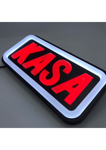 'kasa' Işıklı Özel Tabela-Led ile Neon Görünümlü Tabela Beyaz Çizgi (25X12CM)