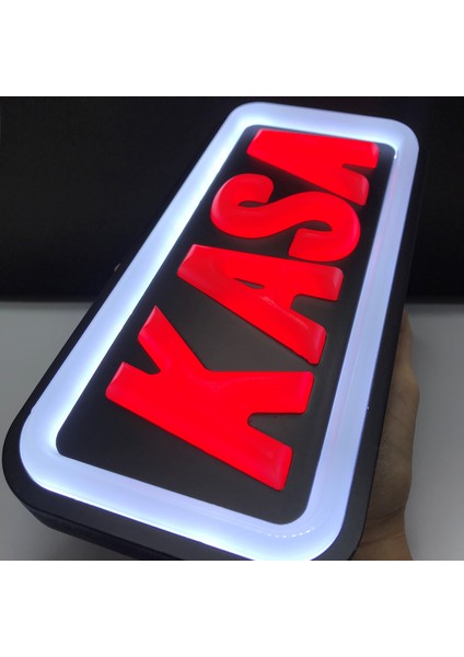 'kasa' Işıklı Özel Tabela-Led ile Neon Görünümlü Tabela Beyaz Çizgi (25X12CM)