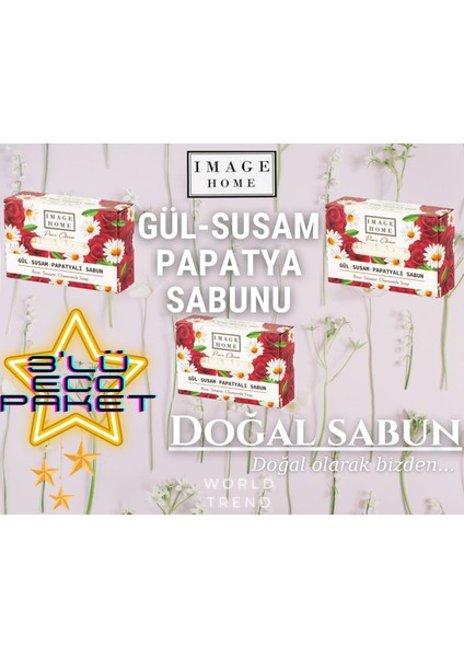 Doğal Gül Susam Papatya Sabunu, 3lü Ekonomik Paket, Katı Sabun