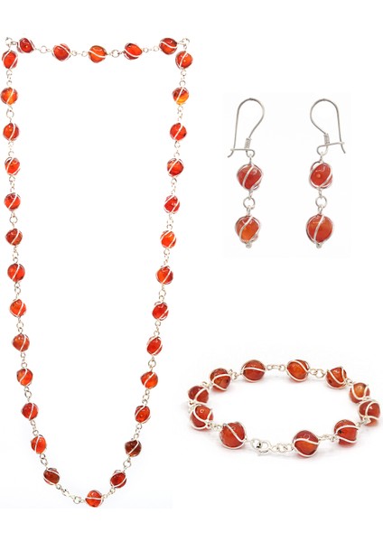 Orijinal Akik Taşlı 925 Ayar Gümüş Üçlü Set 201021770