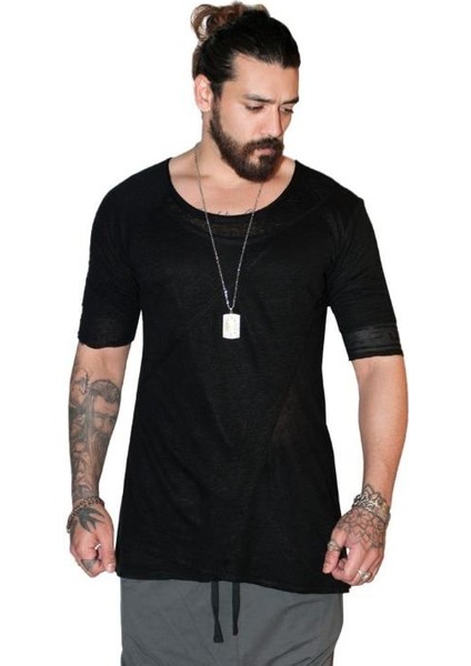 Erkek Özel Tasarım Uzun Keten T-Shirt