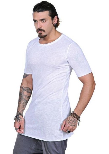 Erkek Kısa Kol Uzun Keten T-Shirt Beyaz