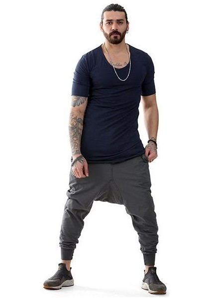 Erkek Bohem Kısa Kol Uzun Tişört Lacivert