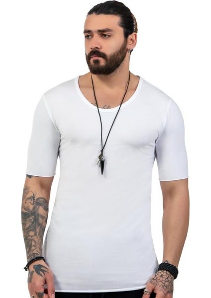 Erkek Bohem Kısa Kol Uzun T-Shirt Beyaz