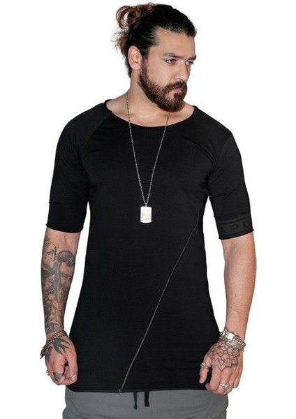 Erkek Bohem Kısa Kol Uzun T-Shirt Siyah