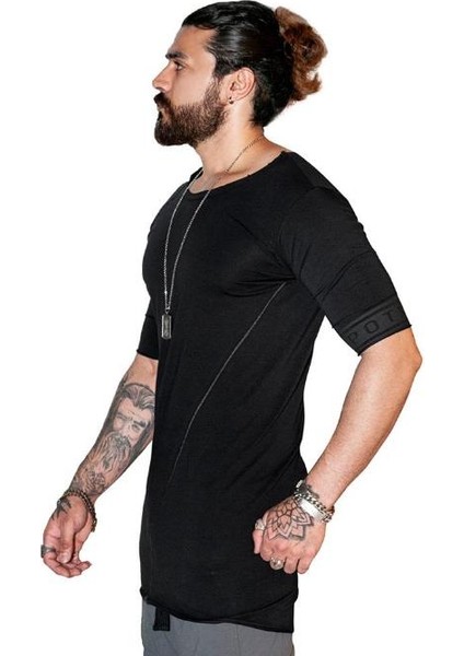 Erkek Bohem Kısa Kol Uzun T-Shirt Siyah