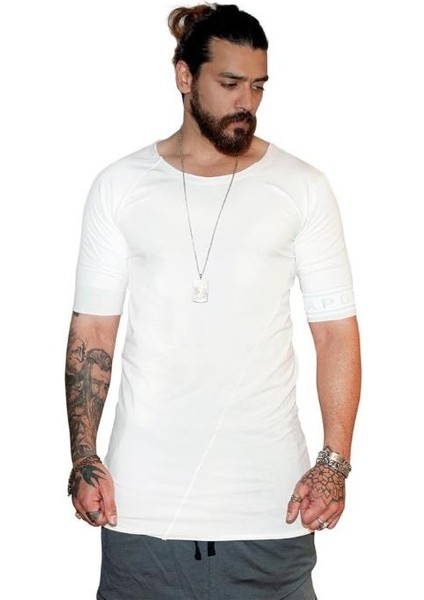 Erkek Bohem Kısa Kol Uzun T-Shirt Beyaz