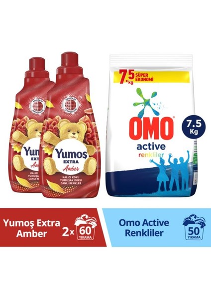 Yumoş Yumuşatıcısı Amber 1440 ml 2 Adet + Omo Active Toz Çamaşır Deterjanı Renkliler 7.5 kg 1 Adet