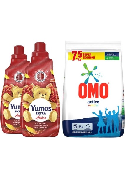 Yumoş Yumuşatıcısı Amber 1440 ml 2 Adet + Omo Active Toz Çamaşır Deterjanı Renkliler 7.5 kg 1 Adet