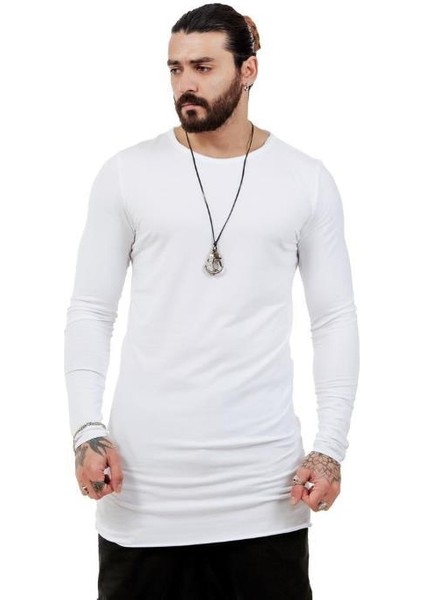 Erkek Bohem Uzun Kol Uzun T-Shirt Beyaz