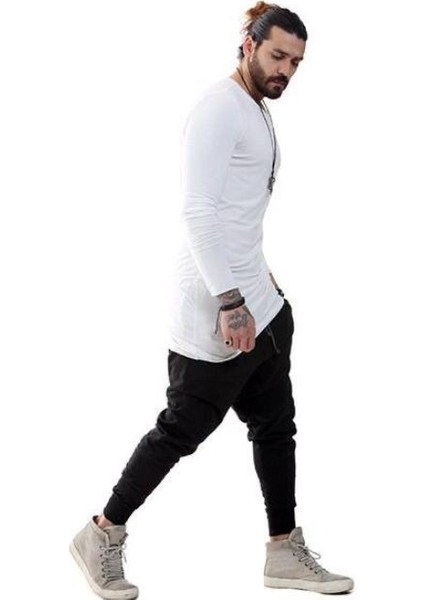 Erkek Bohem Uzun Kol Uzun T-Shirt Beyaz modelleri