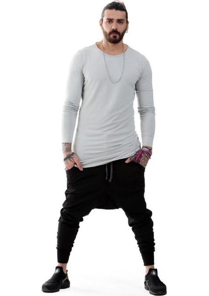 Erkek Bohem Uzun Kol Uzun T-Shirt Gri