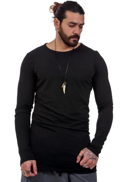 Erkek Bohem Uzun Kol Uzun T-Shirt Siyah