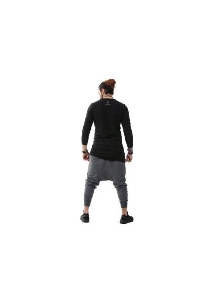Erkek Bohem Uzun Kol Uzun T-Shirt Siyah