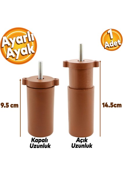 Ayarlanabilir Gizli Mobilya Kanepe Baza Koltuk M8 Civatalı Vidalı Orta Destek Ayağı Ayak Kahve 9.5cm