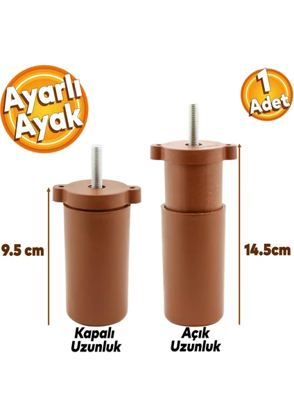 Ayarlanabilir Gizli Mobilya Kanepe Baza Koltuk M8 Civatalı Vidalı Orta Destek Ayağı Ayak Kahve 9.5cm