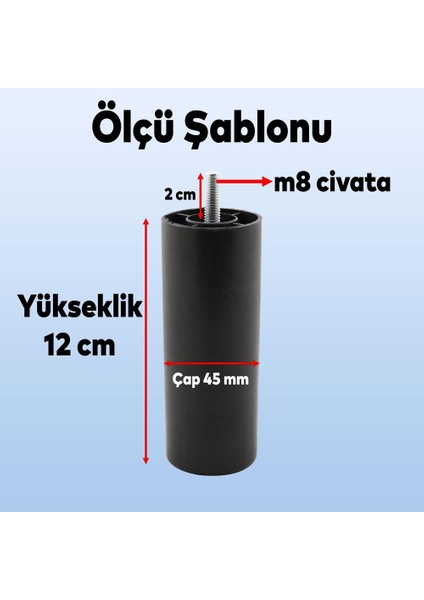 Mobilya Kanepe Koltuk Baza Yükseltici Yükseltme M8 Civatalı Vidalı Orta Destek Ayağı Ayak Siyah 12cm