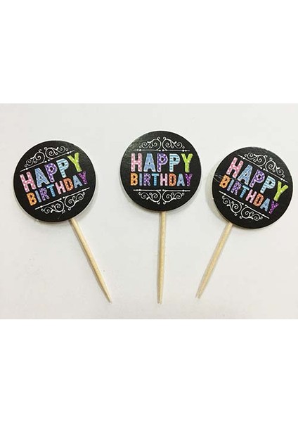 Siyah Üzeri Rengarenk Happy Birthday Parti Kürdan Süsü 20 Adet