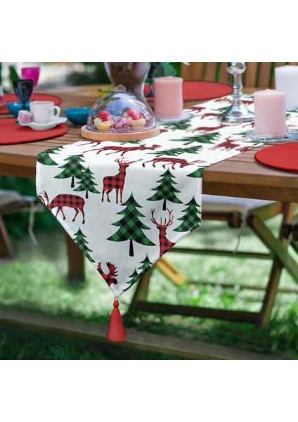 Çam Ağacı Ekoseli Geyik Motifli Üçgen Püsküllü Ranır - Runner