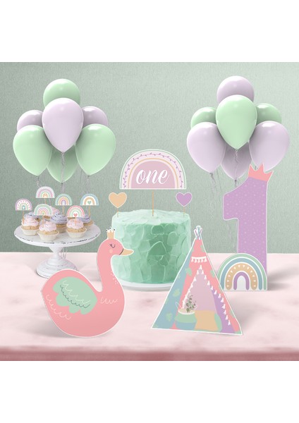 Boho Baby Girl Gökkuşağı Temalı 1 Yaş Kız Bebek Doğum Günü Parti Seti – Mini