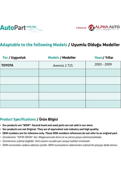 Toyota Avensis 2 T25 Için Katlanır Ayna Dişlisi 2,1 cm