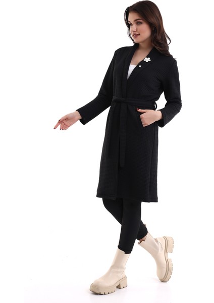 Kadın Jakarlı Örme Siyah Kimono Ceket