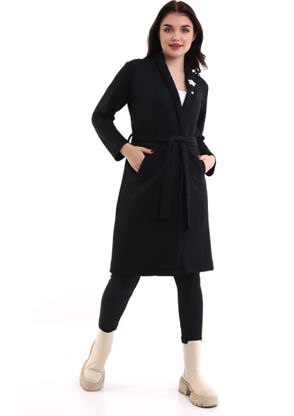 Kadın Jakarlı Örme Siyah Kimono Ceket