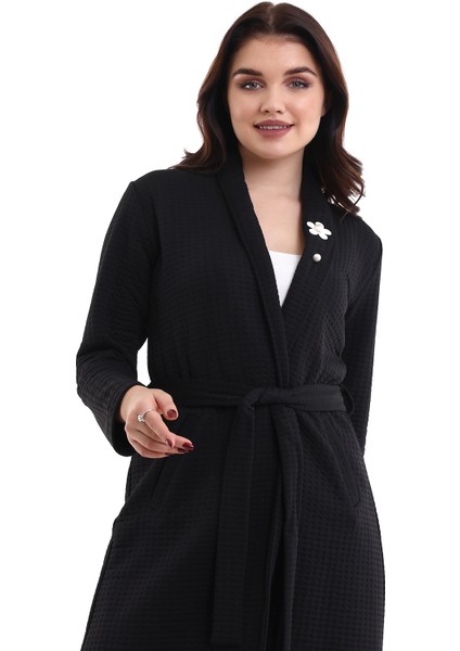 Kadın Jakarlı Örme Siyah Kimono Ceket