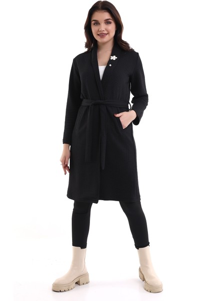 Kadın Jakarlı Örme Siyah Kimono Ceket
