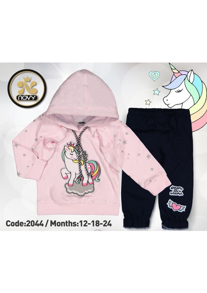 Kapşonlu Unicorn Aplike Nakışlı Sim Baskılı Kız Bebek 2'li Takım 0-2 Yaş