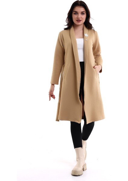 Kadın Jakarlı Örme Bej Kimono Ceket