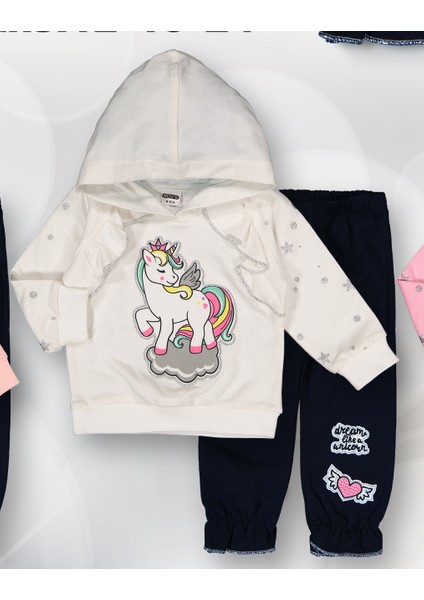 Kapşonlu Unicorn Aplike Nakışlı Sim Baskılı Kız Bebek 2'li Takım 0-2 Yaş