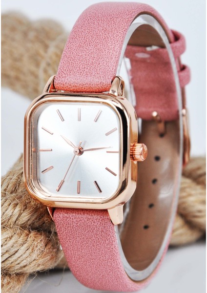 Pembe Renk Deri Kordonlu Minimal Kare Bakır Kasa Vintage Genç Kız Kadın Kol Saati SU-695