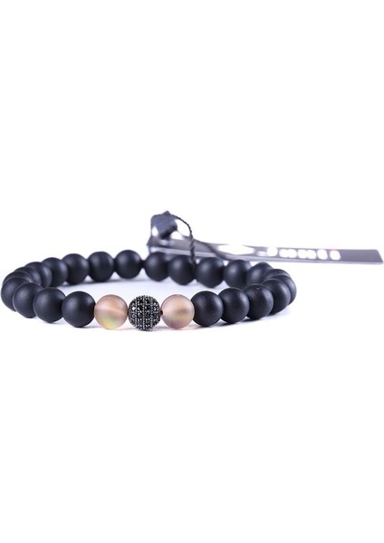 JTAW23DOB1220 Akik Zircon Taşlı Çelik Küre Onyx Doğaltaş Bileklik