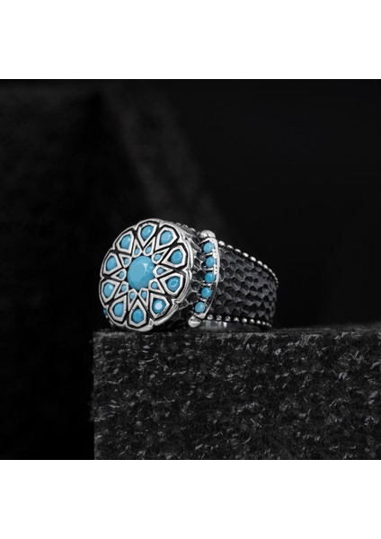 925 Ayar Gümüş Yüzük Yuvarlak Turkuaz Firuze Taşı Damla Kesim Siyah Rodyum Kaplama