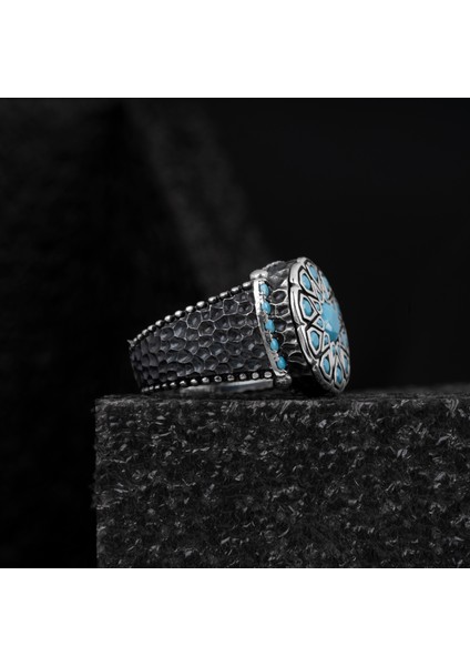 925 Ayar Gümüş Yüzük Yuvarlak Turkuaz Firuze Taşı Damla Kesim Siyah Rodyum Kaplama fiyatları