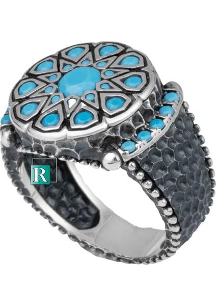 925 Ayar Gümüş Yüzük Yuvarlak Turkuaz Firuze Taşı Damla Kesim Siyah Rodyum Kaplama modelleri