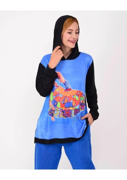 Park Moda Kadın Mavi Flamingo Kapüşonlu Sweatshirt Bluz