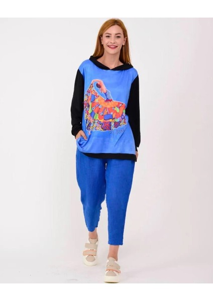 Park Moda Kadın Mavi Flamingo Kapüşonlu Sweatshirt Bluz modelleri