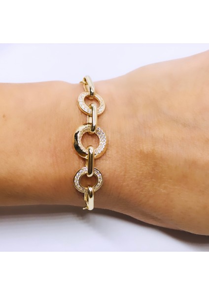 925 Ayar Gümüş Üzerine 14 Ayar Altın Kaplama Zirkon Taşlı Bileklik fiyatları